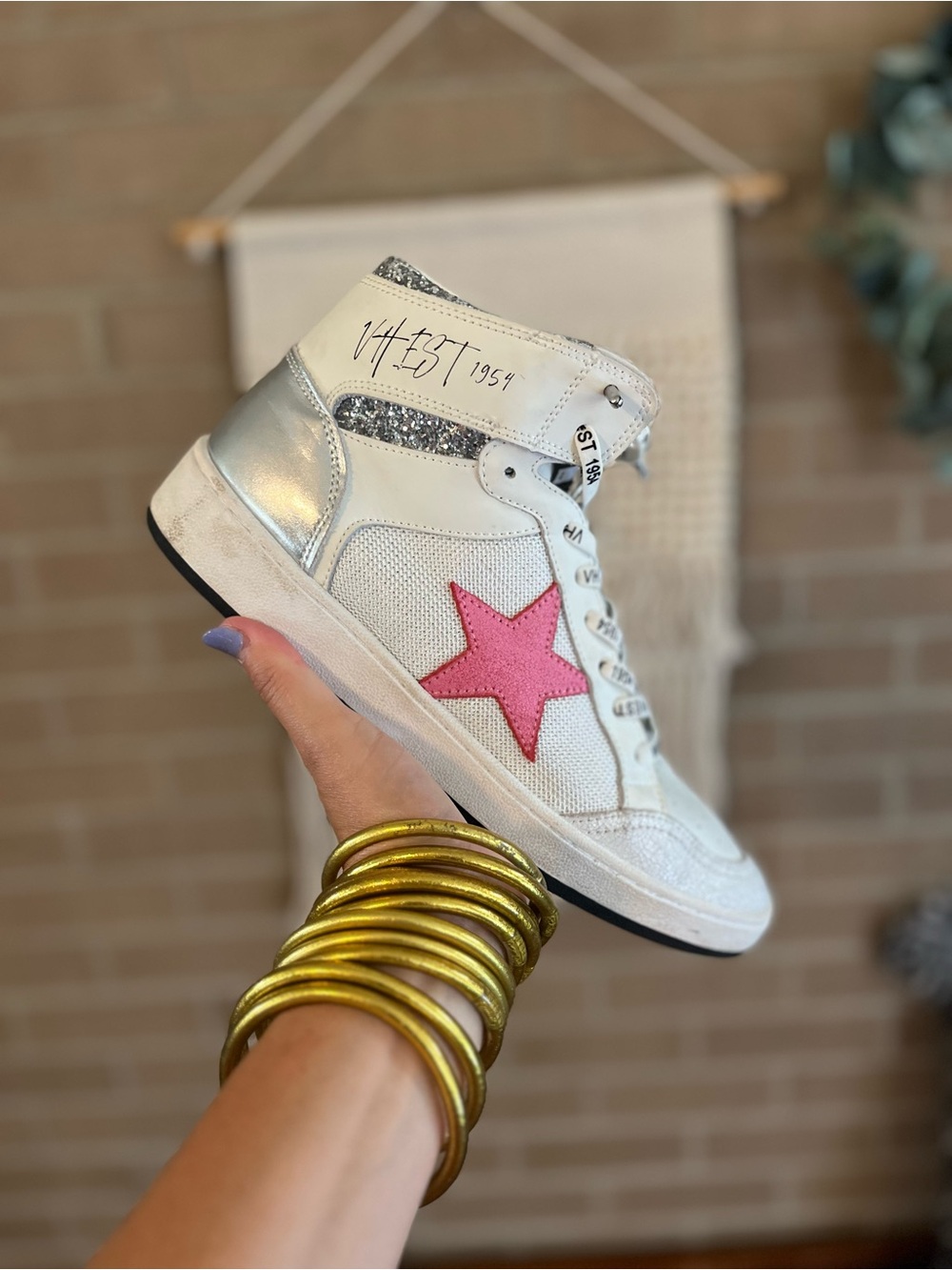 Vintage Havana White High-Top Sneakers with Pink Star & Silver Heel